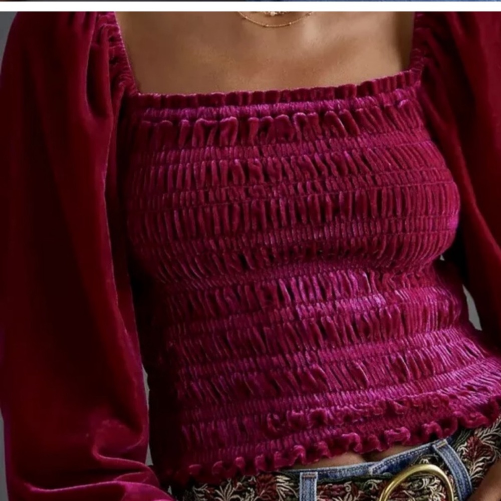 ANTHROPOLOGIE SMOCKED PUFF SLEEVE RASPBERRY VELVET TOP LARGE - Picture 2 of 9